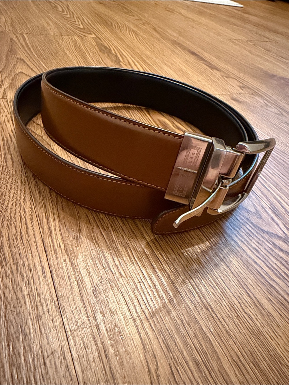 Perry Ellis Reversible Brown Leather Belt with Silver Buckle | 36”